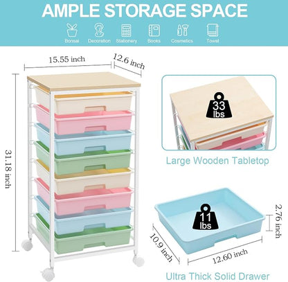 Rolling Storage Cart with Drawers, Utility Cart With 8 Drawers and Wooden - Image 2