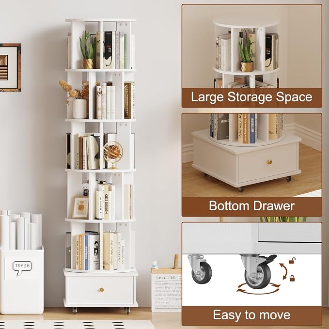 5-Tier Rotating Bookshelf with Drawers on Wheels, 360° Spinning Corner Bookcase - Image 5
