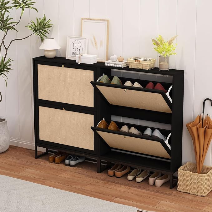 Rattan Shoe Cabinet with 2 Flip Drawers, Simple Setup Hidden Shoe Rack - Image 8