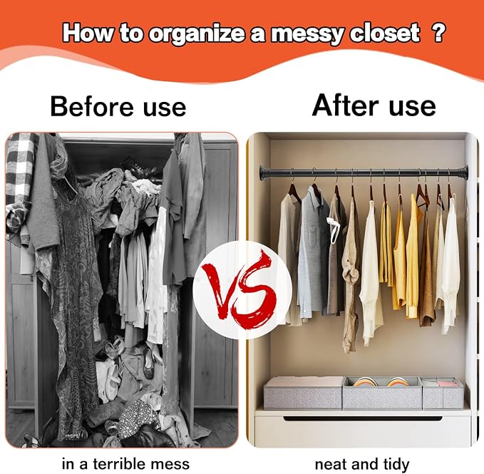 No Drilling Closet Rods for Hanging Clothes, Adjustable 30-88 in | Black - Image 4