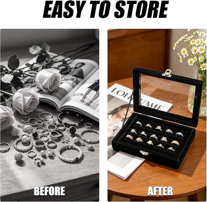Small Velvet Jewelry Tray with Clear Lid, 8 Rolls Black | Lockable Ring Earring - Image 5