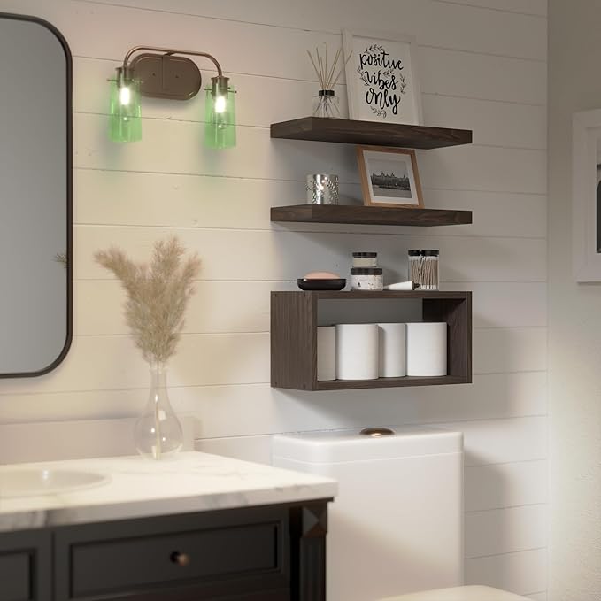 RICHER HOUSE 3-Set Walnut Floating Wall Shelves, Bathroom Shelf Over Toilet | - Image 4