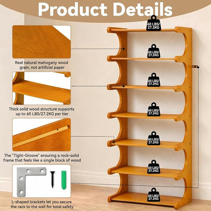 7-Tier 41" Tall Wooden Vertical Shoe Rack, E-Shaped Multi-Layer Solid Wood - Image 3