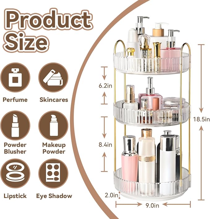 360° Rotating Makeup Organizer for Vanity, 3 Tier Perfume Organizers - Image 3