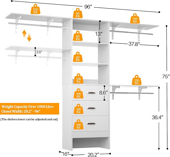 Closet System with 3 Drawers - 8FT Wood Closet Organizer with 3 Shelving Tower - Image 3