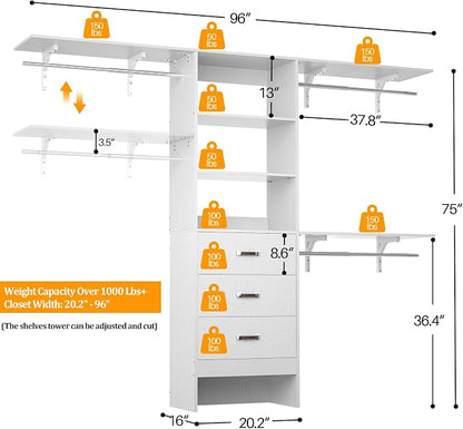 Closet System with 3 Drawers - 8FT Wood Closet Organizer with 3 Shelving Tower - Image 3