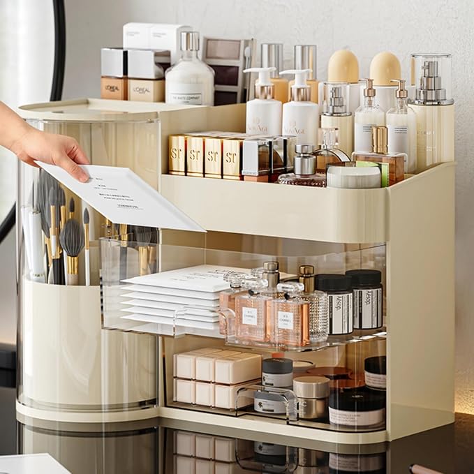 Makeup Organizer with Rotating Brush Holder Cosmetic Organizer with Drawers - Image 3