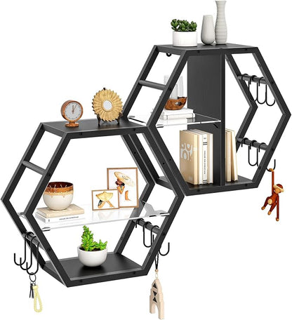 Hexagon Floating Shelves Set of 2, Glass Hanging Shelves - Image 9