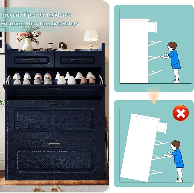 Shoe Cabinet with 3 Large Flip Drawers and 2 Storage Drawers, Narrow Shoe - Image 8