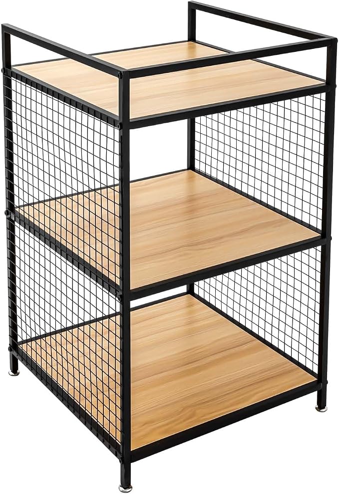 3-Tier Shelving Unit, Metal Small Bookshelf, Rustic Wood Storage Shelf by Silencear
