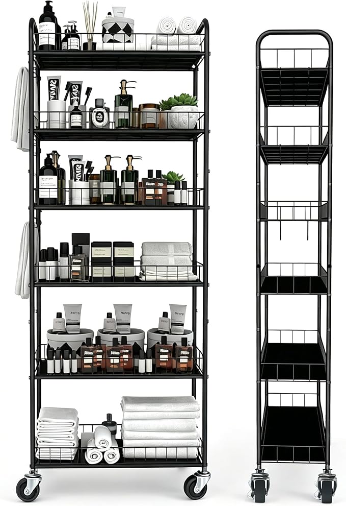 Slim Rolling Storage Cart with Wheels, 10in 6 Tier Black | Narrow Space Rolling by Seadasyoon