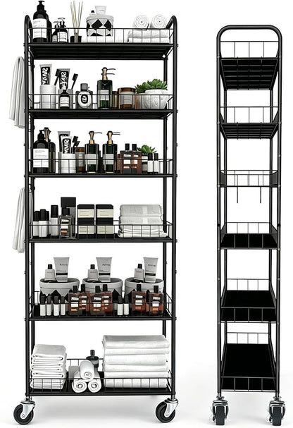 Slim Rolling Storage Cart with Wheels, 10in 6 Tier Black | Narrow Space Rolling by Seadasyoon