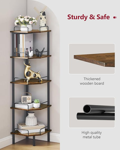 Tajsoon 5 Tier Corner Shelf Stand, Small Corner Table, Rustic Brown | Corner - Image 8