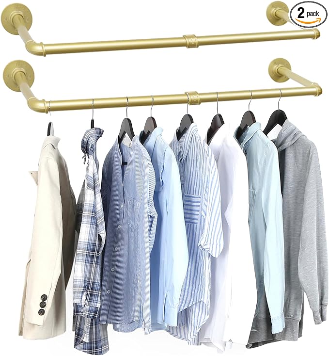 2 Packs Gold Industrial Pipe Clothes Rack, 36 inch Pipe Garment Rack Hanging by Oroonoko