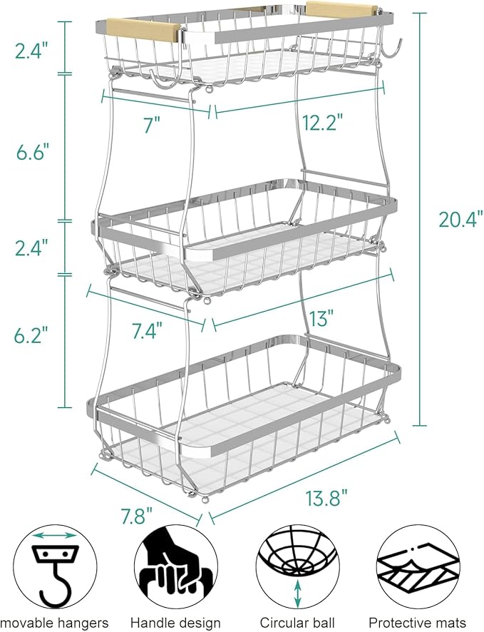 3-Tier Fruit Basket with Banana Hangers, Detachable Metal Bowl | Wooden handle - Image 2