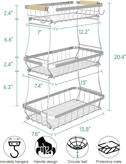 3-Tier Fruit Basket with Banana Hangers, Detachable Metal Bowl | Wooden handle - Image 2