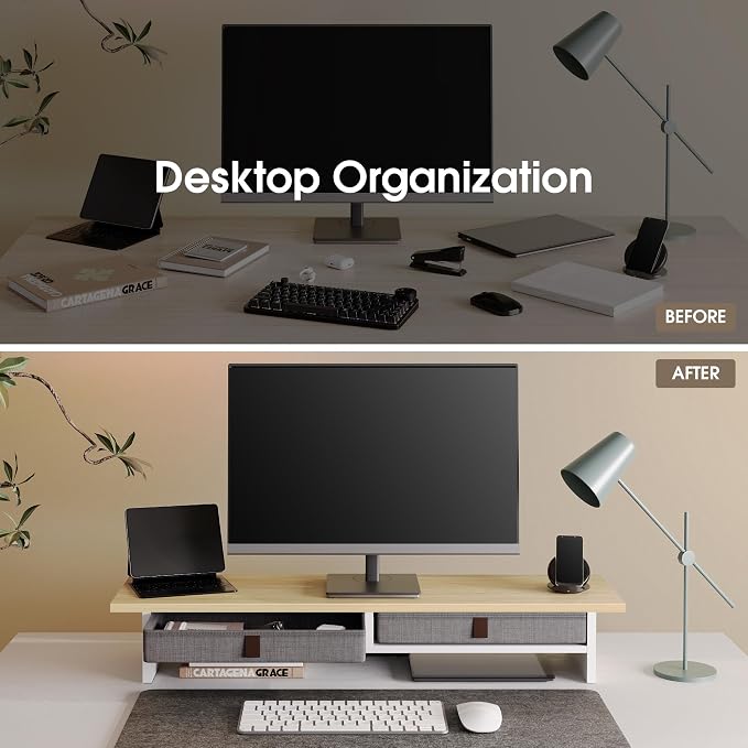 Fenge Monitor Stand with Drawer, 2 Tiers Dual Monitor Riser - Image 7