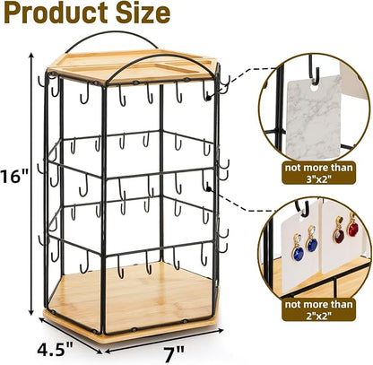 Rotating Earring Display Stand for Vendors, 48 Hooks Hexagon Bamboo Jewelry - Image 2