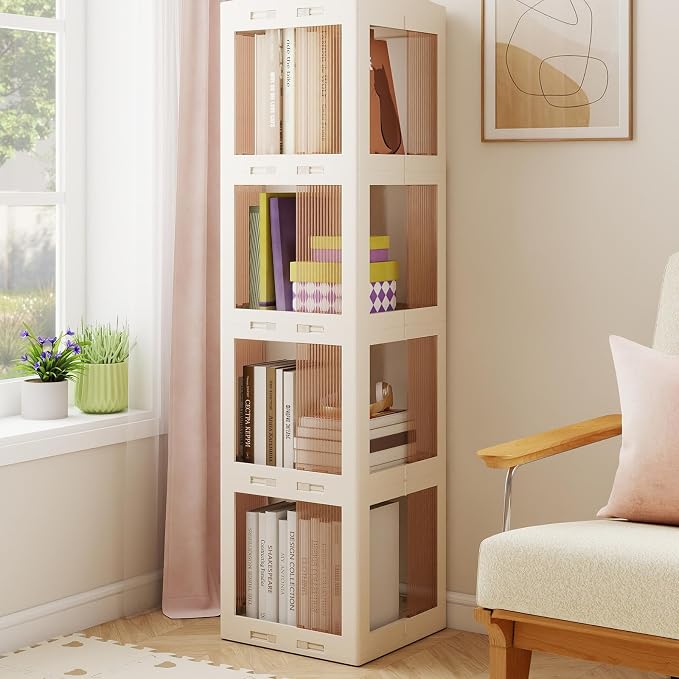 Giantex Foldable Rotating Bookshelf, 4-Tier Spinning Bookcase w/Swivel Base - Image 2