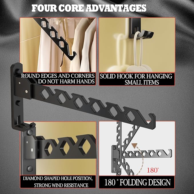 Dr.DJ Wall Mount Coat Hanger Holder Black Clothes Drying Organizer Rack Garment - Image 2