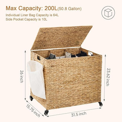 Laundry Hamper with Wheels, 52.8 Gallon Water Hyacinth Laundry Basket with Lid - Image 4