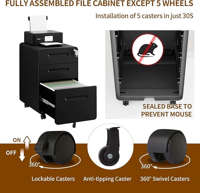 3 Drawer File Cabinet with Lock and 4 Keys, Mobile Metal Filing Cabinet - Image 9