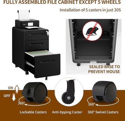 3 Drawer File Cabinet with Lock and 4 Keys, Mobile Metal Filing Cabinet - Image 9