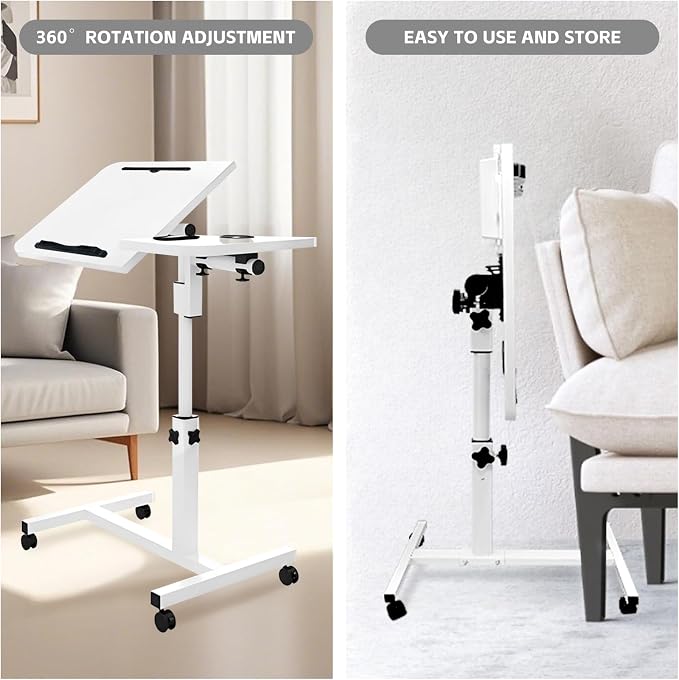 Overbed Table with Wheels Adjustable Height, Tiltable Desktop with Tray - Image 5