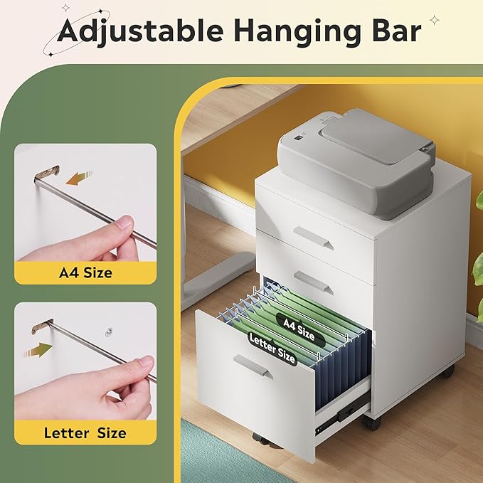 DEVAISE 3 Drawer Wood Mobile File Cabinet, Rolling Filing Cabinet - Image 5