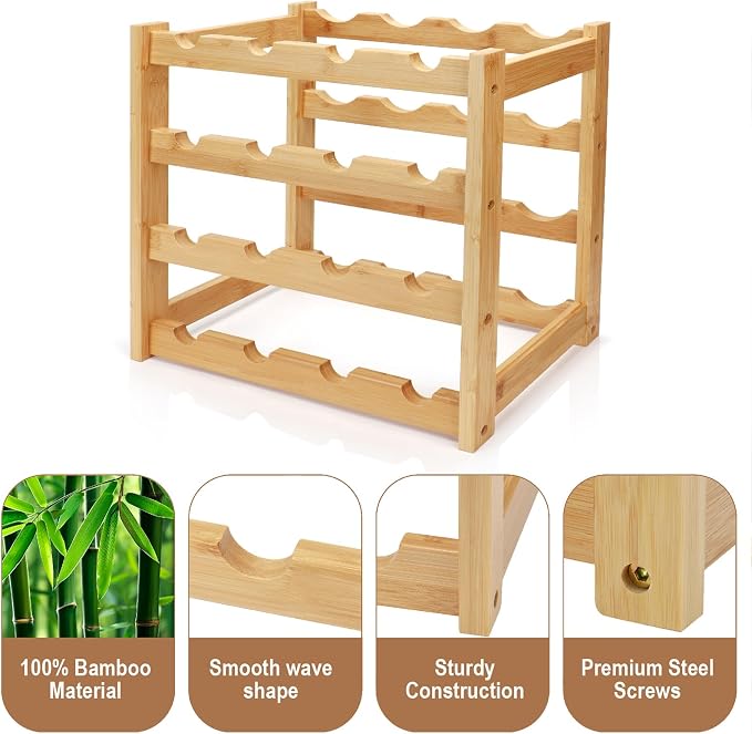 Bamboo Wine Rack, 4-Tier 16 Bottles Wine Storage Cabinet Shelf, Easy-Assembly - Image 6