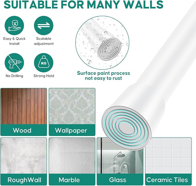 White Adjustable Shower Curtain Rod 28-39 Inches 2 pc, 7/8" Diameter Anti-slip - Image 2