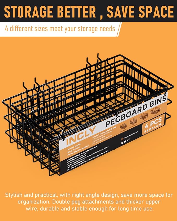 INCLY 4 Pack Pegboard Baskets Bins Set, 4 Size Square Style Black Metal Wire - Image 5