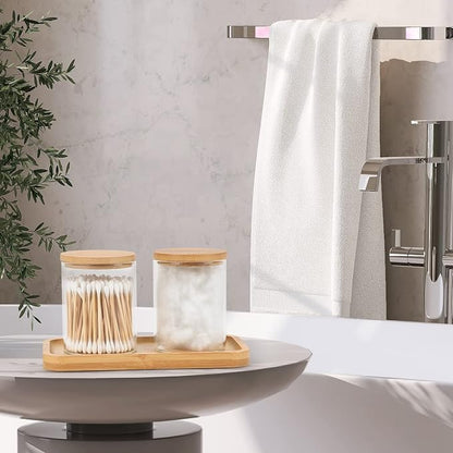 Bamboo Vanity Tray, Bathroom Tray Organizer Glass Qtip Holder Dispenser - Image 3