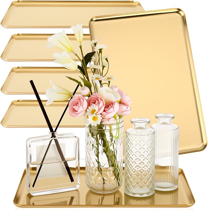 Vesici 6 Pcs Gold Metal Serving Tray Bulk Stainless Steel Rectangle Platters by Vesici