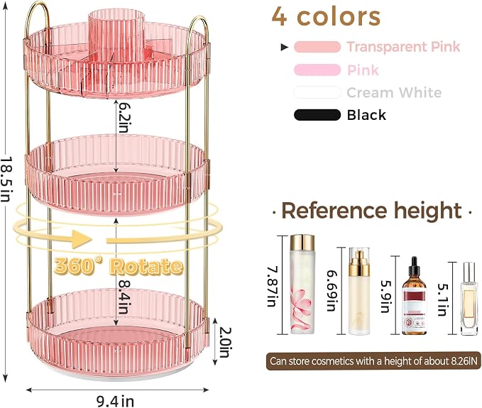 360° Rotating Makeup Organizer, Upgraded 3 Tier Skincare Perfume Organizers - Image 2