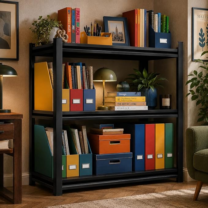 3 Tier Metal Bookshelf, Adjustable Tall Bookcase, Heavy Duty 1800 LBS Modern - Image 2
