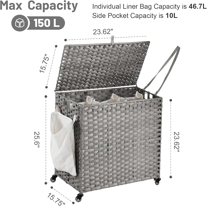 Laundry Hamper with Wheels, 39.6 Gallon Rolling Laundry Basket with Lid - Image 4