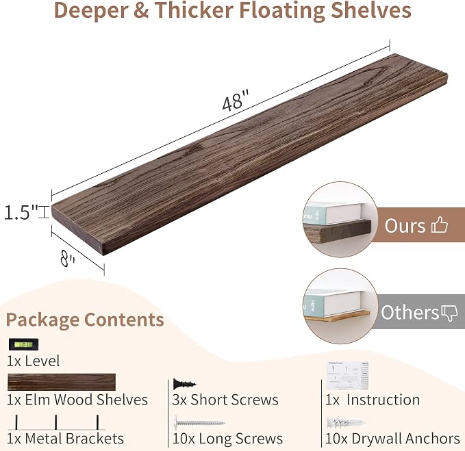 Axeman Floating Shelves for Wall, Rustic Elm Wood 48'' x 8" Deep Wall Shelf - Image 2
