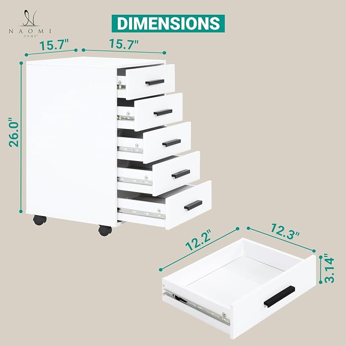5-Drawer Rolling Under Desk Storage Cart - Image 2