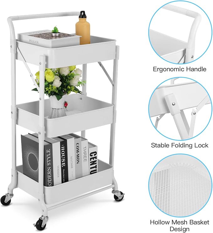 Foldable 3 Tier Metal Utility Rolling Cart, Folding Mobile Multi-Function - Image 4