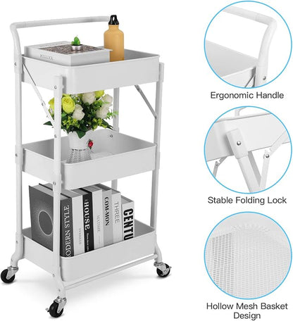 Foldable 3 Tier Metal Utility Rolling Cart, Folding Mobile Multi-Function - Image 4