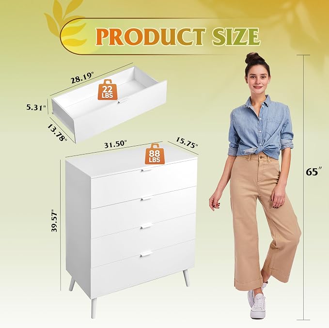 WLIVE 4 Drawer Dresser for Bedroom, Wooden White Tall Dresser, Modern Dressers - Image 3