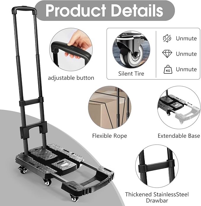 Voipvvii Folding Hand Truck 500lbs, Portable Heavy Duty Dolly Cart, 6 Wheels - Image 2
