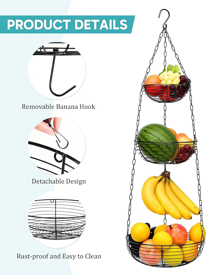 Hanging Fruit Basket for Kitchen, 3-Tier Hanging Fruit Basket | Easy - Image 4