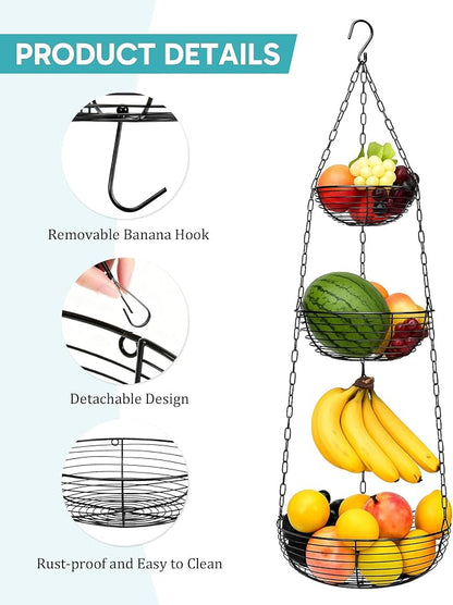 Hanging Fruit Basket for Kitchen, 3-Tier Hanging Fruit Basket | Easy - Image 4