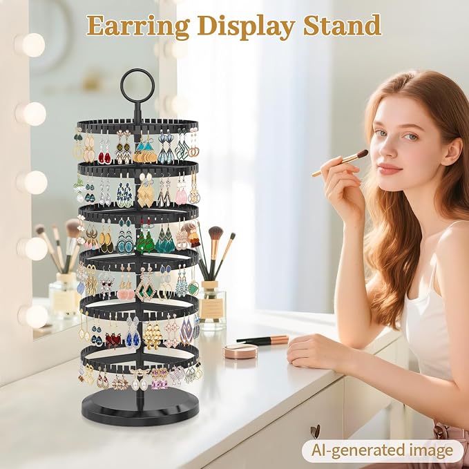 MODOWEY Rotating Earring Holder Organizer Adjustable Display, 6 Tiers Black | - Image 2
