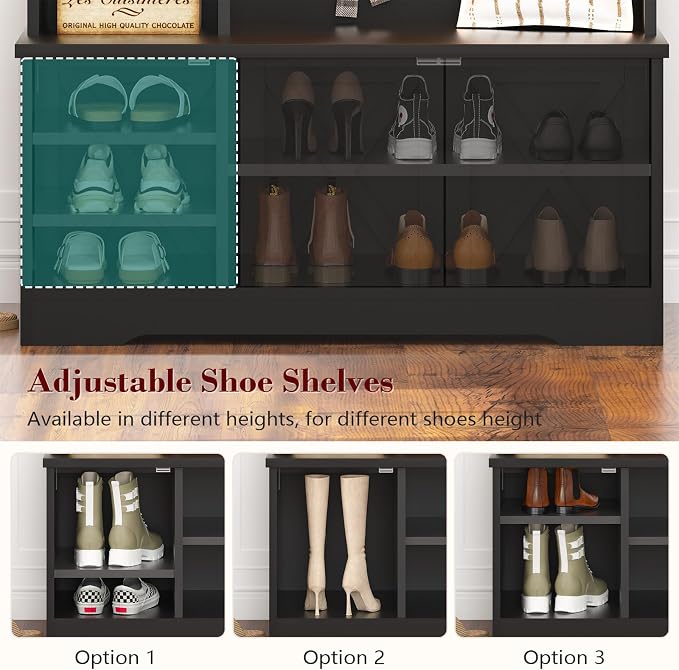 CSZZD Hall Tree with Bench and Shoe Storage, Farmhouse Entryway Bench with Coat - Image 3