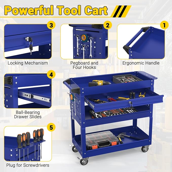 3 Tier Rolling Tool Cart on Wheels, 550 LBS Tool Cart - Image 4