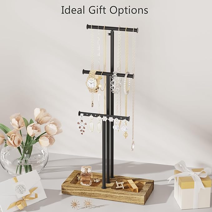 Love-KANKEI Jewelry Organizer Stand Metal & Wood Base and Large Storage - Image 2