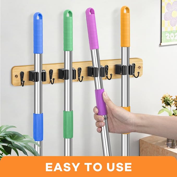 IMILLET Mop and Broom Holder Wall Mount, Bamboo Broom Hanger - Image 2